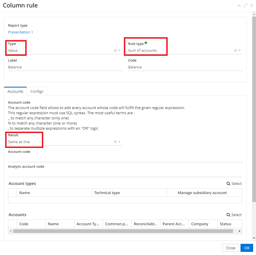 1.2. Balance column rule configuration (Rule type - Sum of accounts).